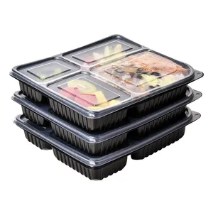 Microwave 4 Compartment Plastic Disposable Black Lunch Takeaway Box Meal Prep Food Containers