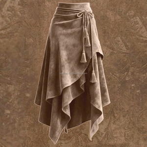 <span class=keywords><strong>Gonna</strong></span> Midi in Camoscio Personalizzata per Donna, Stile Vintage Western Boho, Asimmetrica con Strati e Balze, Vita con Laccetti, Frange, Linea A, OEM - Product Image 6