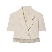 Blazer court décontracté pour femme, couleur beige, col cranté, bouton unique, bordure en dentelle, manches courtes, tendance