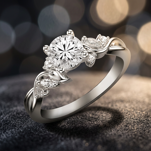 Bague Feuille de Vigne Inspirée de la Nature avec Diamant de Laboratoire Rond et Diamants Latéraux Marquise et Ronds en Or 10K 14K 18K et Argent 925 935 - Product Image 1