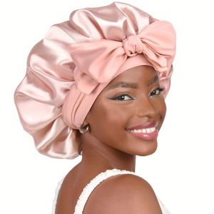 Gorro de Dormir de Seda Satinada de Doble Capa con Lazo Largo para Mujeres con Cabello Rizado, Gorro de Noche con Logotipo Personalizado al por Mayor - Product Image 1