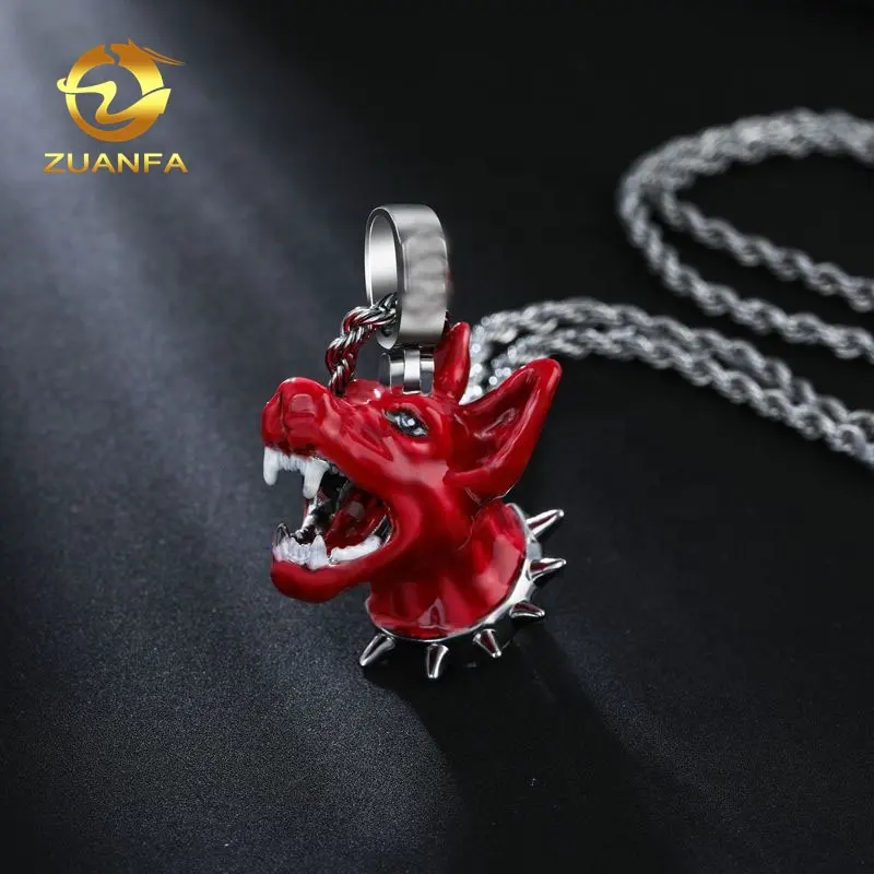 Red Enamel Angry Dog Unique Design Hip Hop Iced Out Charm For Men