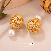 Boucles d'oreilles clous vintage de luxe pour femme, en argent 925, avec gravure, motif orb creux, fleur de rose et perle, bijoux de créateur
