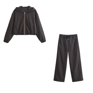 Ensemble 2 pièces tricoté pour femme : Crop top zippé à capuche et pantalon ample, respirant, décontracté, idéal pour l'automne - Product Image 1