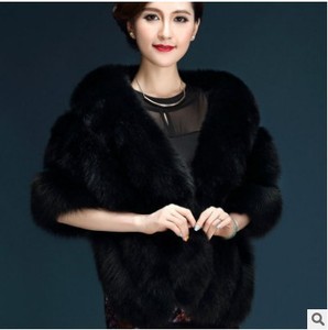 Women's Winter Eco-Friendly Faux Fox <b>Fur</b> <b>Shawl</b> <b>Black</b> and White Luxury Big Thick Long Strips Style for Bride Wedding - Product Image 6