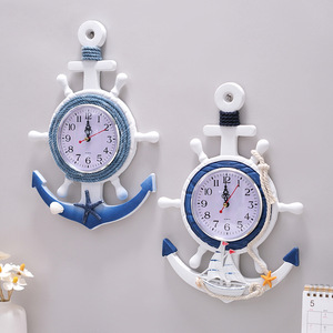 Mediterranean Style Ship Wheel Anchor Wall <b>Clock</b> Blue <b>White</b> Nautical Decor Battery Powered Single Sided - Product Image 5