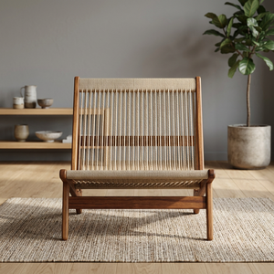 Sillón de Madera de Estilo Moderno de Mediados de Siglo con Respaldo de Mimbre Natural, Patas Cónicas, Muebles de Patio Ecológicos para Exteriores - Product Image 4