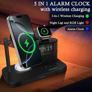 Station <span class=keywords><strong>de</strong></span> charge sans fil 5 en 1, chargeur sans fil 15W, réveil, veilleuse, support <span class=keywords><strong>de</strong></span> charge magnétique en plastique pour plusieurs appareils - Product Image 3