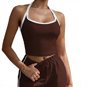 Women Brown Halter Sleeveless Knitted Casual Sports Crop Top Shorts Set Striped Breathable Spring Summer Wear - Product Image 1