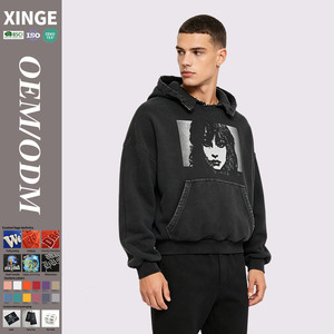 Vente chaude : Sweat à capuche noir vintage délavé et vieilli, coupe courte, imprimé portrait, style streetwear – Fabricant - Product Image 1