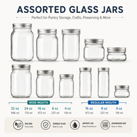 Ensemble de bocaux en verre transparent avec couvercles métalliques hermétiques pour le stockage en garde-manger, la préparation des repas, la conservation des boissons et les travaux manuels