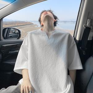 Camiseta de Manga Corta con Cuello Redondo, Texturizada, Lisa, Vintage, Transpirable para Hombre, Camiseta Base de Seda de Hielo Delgada para Verano, de Alta Gama - Product Image 1
