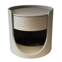 Table de chevet cylindrique moderne de luxe, faite à la main, écologique, rembourrée, 1 tiroir, placage bois clair, cuir camel, pour salle à manger