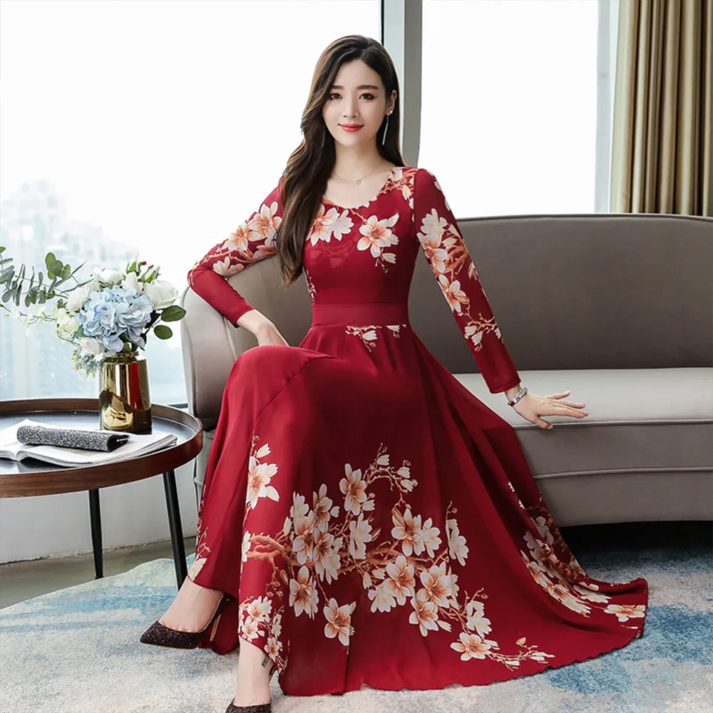 Factory Price Wholesale 2022 Fashion Women Long Sleeve Elegant Floral Print Casual Dress For Cheap Women Dresses For Women
