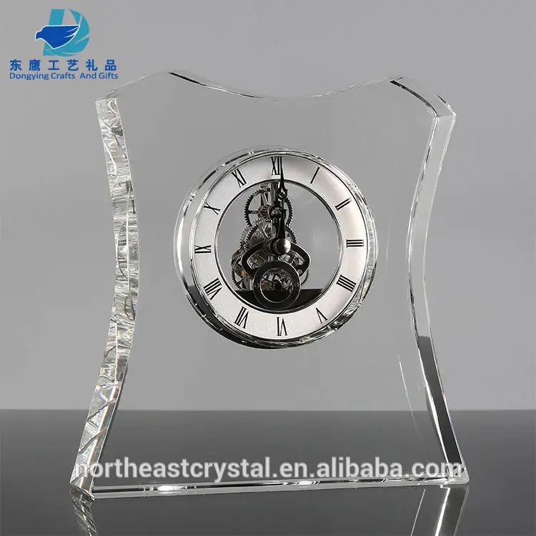 お土産ギフト用クリスタル時計工場カスタム卸売ユニークなデザイン時計クリアクリスタル置時計