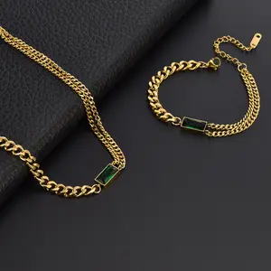 GOLD FINISH Green Emerald Created Diamond Earrings Necklace Bracelet Jewellery Set