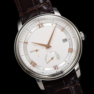 Montre automatique classique de style designer, aiguilles or rose, cadran blanc, réserve de marche, petite seconde, date, boîtier en acier 316L, bracelet en cuir marron - Product Image 1