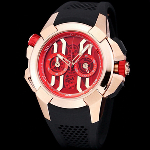 Montre de luxe squelette chronographe or rose bleu avec accent rouge et bracelet en caoutchouc bleu, montre-bracelet automatique audacieuse pour homme - Grande Vente - Product Image 2