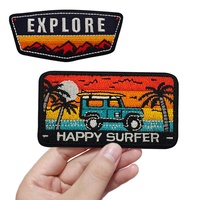 Badge brodé sur le thème du voyage Camping HAPPY SURFER, paysage de coucher de soleil, patch appareil photo, tissu tissé en polyester et coton pour bagages