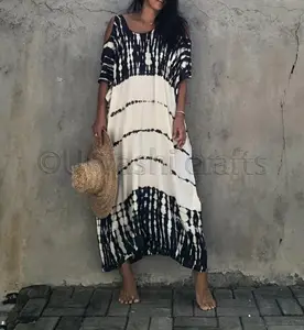 Zigeuner Handkrawatte Farbe schwarz & weiß Strand Übergröße kalte Schultern lockeres Kaftan-Kleid Damenkleider