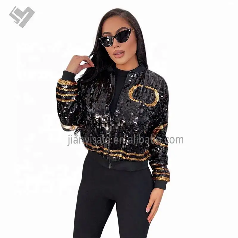 Chất Lượng Cao Sequin Máy Bay Ném Bom Áo Khoác Womens Thiết Kế Thanh Lịch Long Lanh Dài Tay Áo Ngắn Áo Outwear Sang Trọng Zip Lên Varsity Áo Khoác