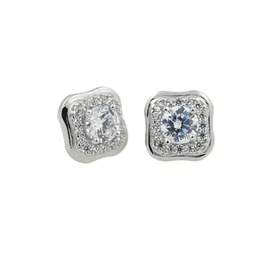 square shaped cubic zirconia clear wholesale custom support plated 925 silver needle stud earrings for women men