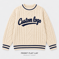 Pull personnalisé pour femme à col rond en tricot torsadé à manches longues avec bordure contrastée et logo imprimé en relief pour l'automne et l'hiver