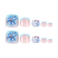 Superbe design floral bleu 3D 3817 pour ongles d'orteil, avec fleurs délicates, faux ongles à presser, ongles artificiels personnalisables