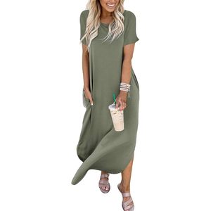 Vestido largo de verano para mujer, de manga corta, holgado, estilo camiseta, con cuello redondo y abertura, informal, para vacaciones, playa, vestido de sol, atuendo de viaje - Product Image 5