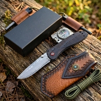 Couteau EDC DIY en acier Damas VG10 avec pivot à roulement à billes, manche en bois de santal, étui en cuir, pour camping, survie, collection, noir