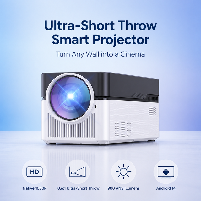 Wholesale Smart Projector Native 1080P 900 ANSI Lumens Ultra Short Throw Android 14 Mini Portable Home Theater OEM ODM Factory