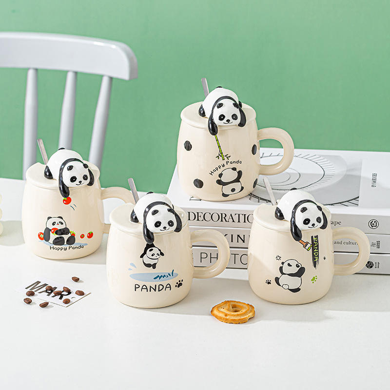 Seaygift High Appearance Party Gift Black Panda Interactive Water Cup Cute Animal Cartoon Ceramic Cup Porcelain Mugs with Spoon
