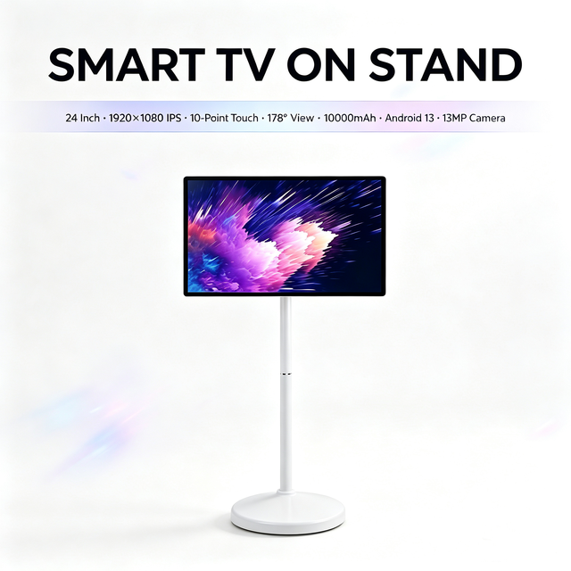 24 Inch Portable Smart TV 1080P FHD Touchscreen Android 12 WiFi BT IPS Display Monitor Camera Stand Wheels Rechargeable Battery