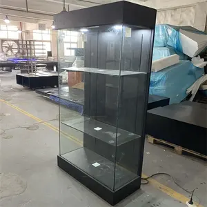 Vitrina de exhibición de museo de pared estrecha alta de vidrio de madera KD personalizada, vitrina transparente para tienda, vitrina de productos