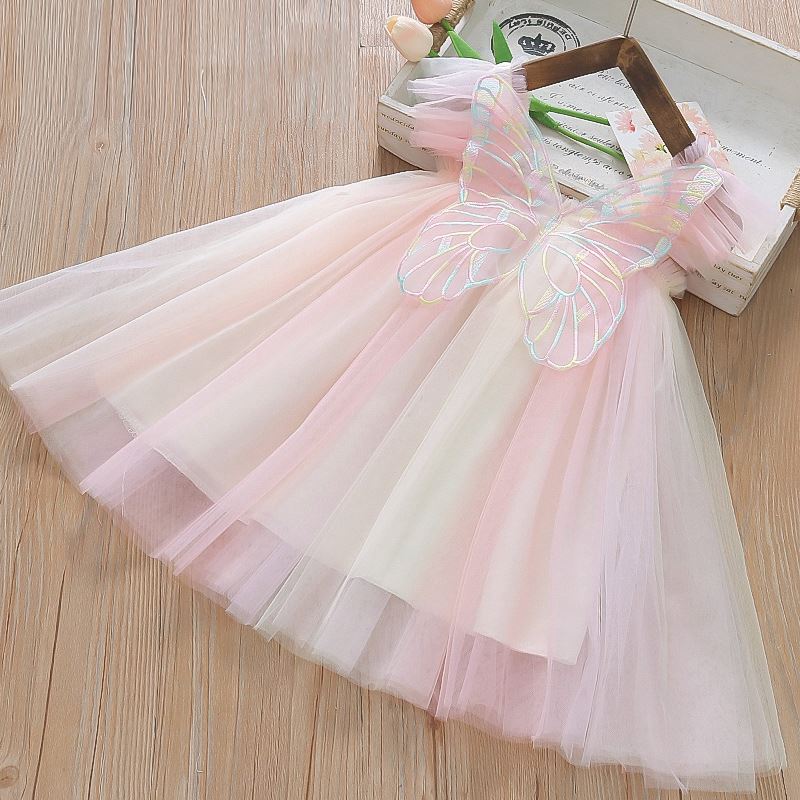Children's Princess Three-Dimensional Wings Fairy Dress with Rainbow Mesh  Skirt Halter and Spaghetti Strap Design ODM Supply| Alibaba.com