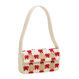 MS Handicraft Handmade Glass Beads <b>Handbag</b> <b>Red</b> Bow Pattern Cream Beige Shoulder Bag Featuring Customized Beads Colour Handle - Product Image 1