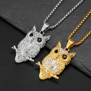 Blues RTS Personality Hip Hop Style Stainless Steel crystal rhinestone Animal Owl Pendant For Men Women necklace jewelry