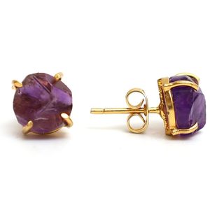 8-10mm Elegant Prong Set Raw <b>Amethyst</b> <b>Stud</b> <b>Earrings</b> with Gold Plating Handcrafted Raw Gemstone Jewelry for Gift - Product Image 1