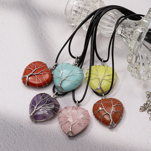 Collier pendentif coeur en cristal de guérison naturel pour femmes fil de pierre précieuse enveloppé dans un arbre mignon vie amour en forme de conception chaîne de corde - Product Image 4