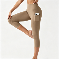 Leggings Capri Taille Haute Femme Bleu Marine avec Poches, Mat, Extensible, Respirant, Séchage Rapide, Idéal Fitness, Gym, Course, Yoga, Été