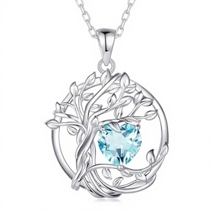 <b>Tree</b> Life Aquamarine Heart Shape Cut Silver Sterling Silver Luxury <b>Necklace</b> Women Birthstone Pendant - Product Image 3