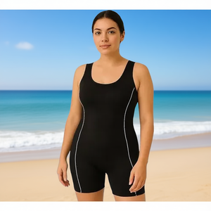 ชุดว่ายน้ำวันพีซแบบปรับได้สำหรับผู้หญิง สีดำล้วน ผ้ายืดสแปนเด็กซ์ ไนลอน กางเกงขาสั้น คอกลม ชุดกีฬาชายหาด ชุดว่ายน้ำ ไซส์ XL - Product Image 2