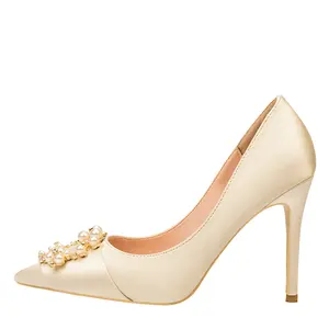 Fashionable slim toe toe silk and satin fabrics pearl buckled slim heelshoes women heels