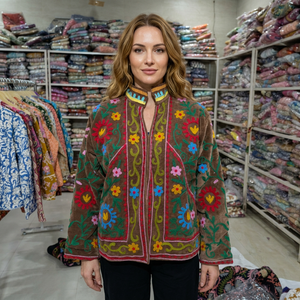 Chaqueta de Terciopelo Transpirable de Manga Larga con Cuello Redondo para Mujer, Estampado Floral a Mano, Forro de Algodón, Estilo Prairie, para Otoño e Invierno - Product Image 1