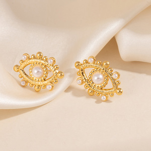 Pendientes Clásicos de <span class=keywords><strong>Perlas</strong></span> con Ojo de la Suerte, Pendientes de Acero Inoxidable Chapados en Oro con Forma de Flor para Mujer, Joyería de Estilo Vintage al por Mayor - Product Image 1