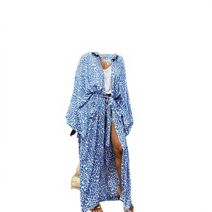 Stock 5-Color Solid Long Kimono Maxi Robe <b>Plus</b> <b>Size</b> <b>Kaftan</b> Beach Cover-Up High Cut Push up 2 Piece Set Rayon Swimdress Tankinis - Product Image 2