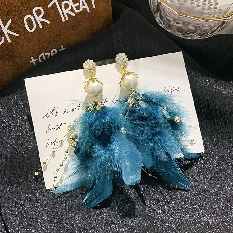 Feather Fringe 925 Silver Earrings Winter New Jewelry Pearl Fairy Exaggerated Long Pendant Earrings Wholesale