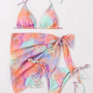 Bán sỉ beachwear 3 thiết cộng với kích thước-Đồ Đi Biển Gợi Cảm In Bikini 3 MảNh Áo Ngực Với Váy Băng Halter Bikini Đồ Bơi 2021 Bộ Đồ Tắm