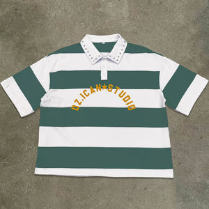 Camiseta recortada con hombros caídos de algodón 100% para hombre, ropa de calle, camiseta de gran tamaño a rayas, polos personalizados con diamantes de imitación de peso pesado - Product Image 3