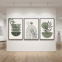 Ensemble d'art mural bohème minimaliste vert sauge et beige, 3 impressions sur toile encadrées brillantes avec des motifs géométriques de lignes, de feuilles, de soleil et de lune